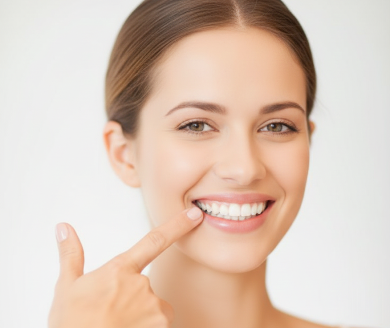 A young woman touching her teeth and smiling beautifully after a successful Teeth Whitening in Burlington at Burlington Family Dentists.