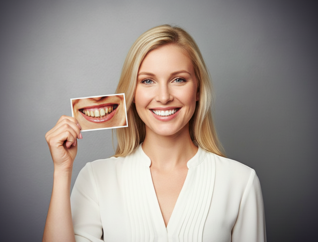 Woman holding a photo of her former discolored teeth next to her bright white smile after cosmetic dentistry treatment.