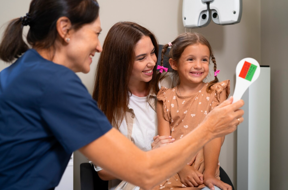 Dentist gently interacting with a young girl during her dental visit.