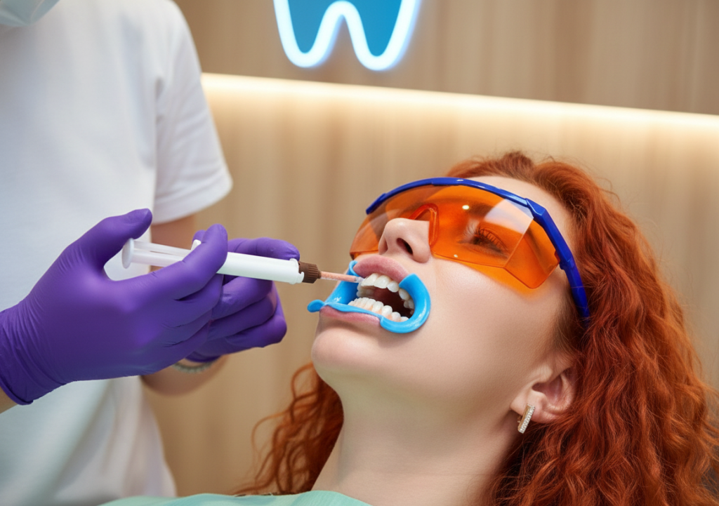 Dentist applying professional whitening gel to a patient's teeth during a Chairside teeth whitening procedure in Burlington, while the patient wears protective eyewear.