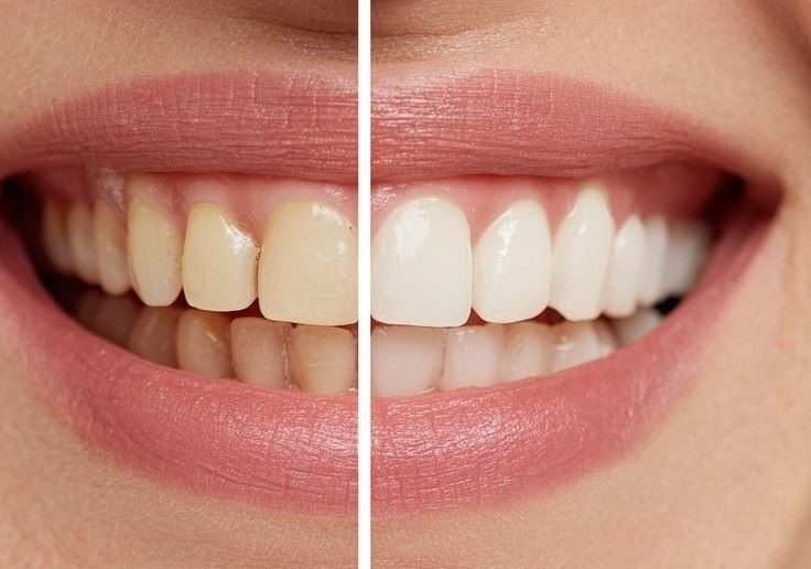 A close-up comparison of teeth before and after using custom take-home whitening trays in Burlington, showing the removal of discoloration.