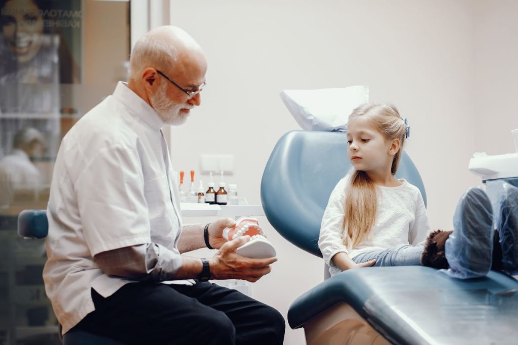 Dentist holding a tooth model to teach a young girl about oral health for all ages and lifelong care at Burlington Family Dentists.